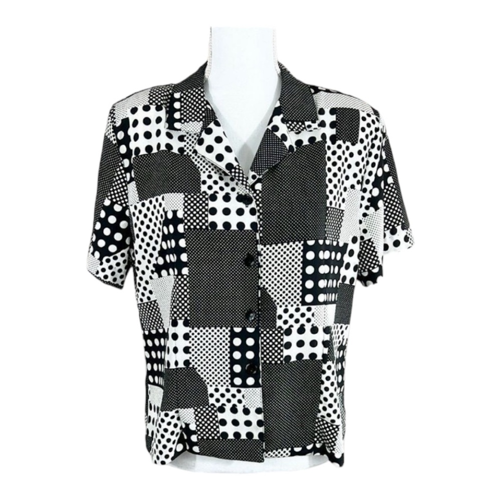 Briggs Vintage Black White Patchwork Polka Dot Button Down Short Sleeve Top 14P